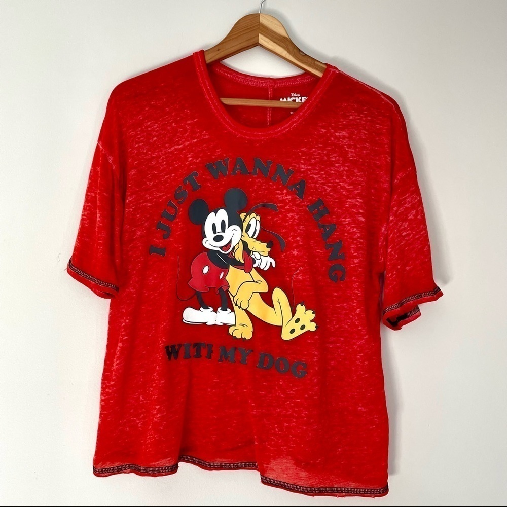 🎯3/$10 Disney Mickey Red Slub Graphic Tee I Just Want To Hang With My Dog